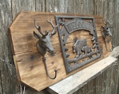 Rustic Cast Iron Bear  Welcome Sign and Deer Coat Rack   -- lodge cabin decor -- reclaimed western cedar