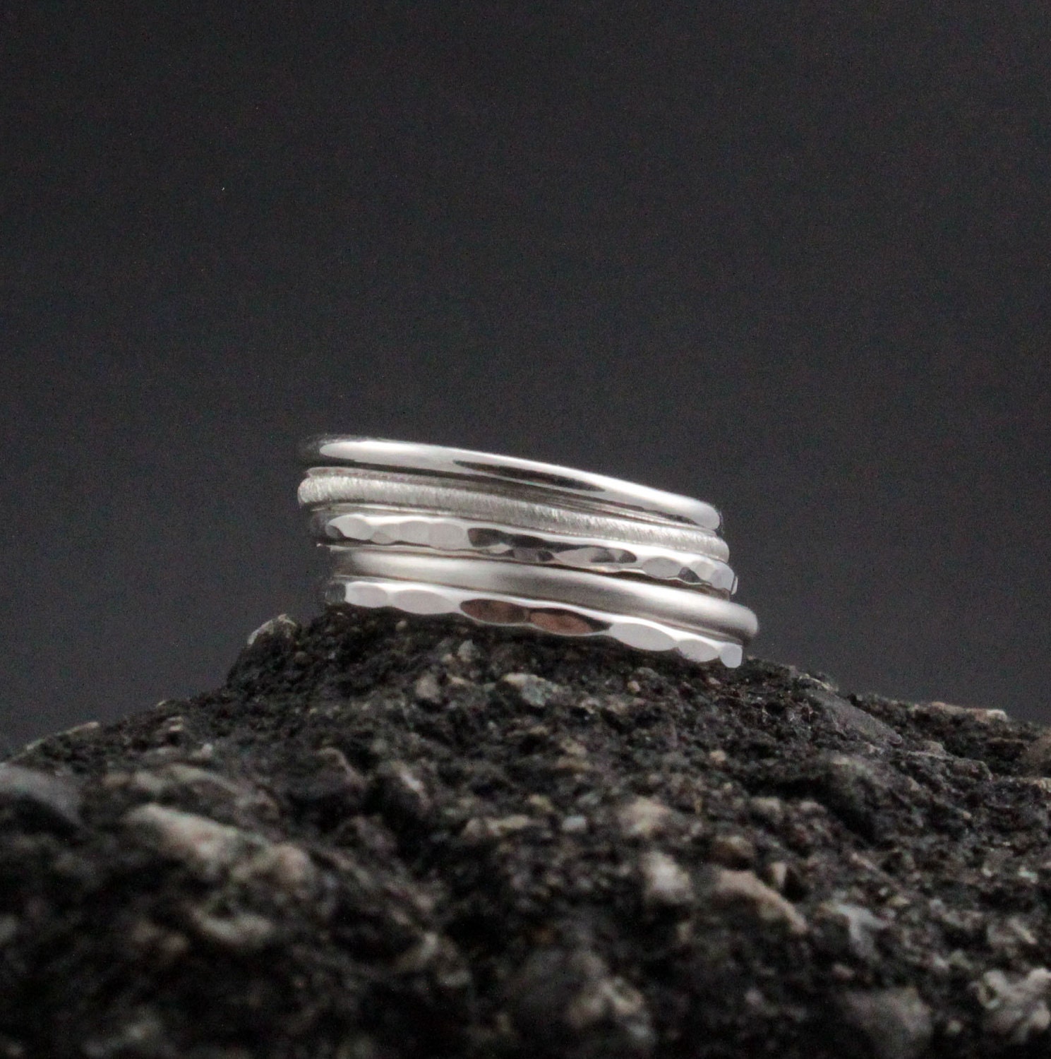 THREE Stacking rings in Sterling Silver Shiny hammered silver, matte or brushed textured Contemporary jewelry modern stacked rings Argentium