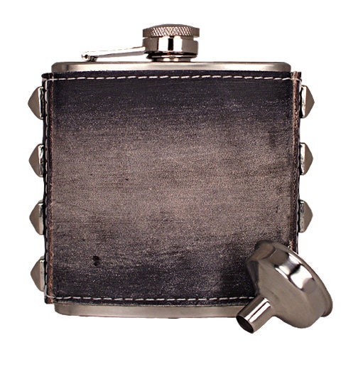 Leather Black Flask Distressed with Pyramid Studs and Funnel Free Shipping