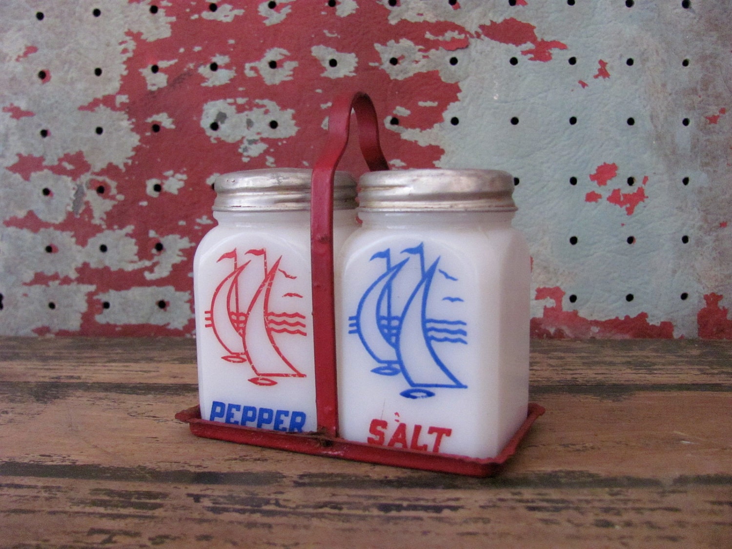 1930s Sailboat Milk Glass Salt and Pepper Set with Tin Caddy