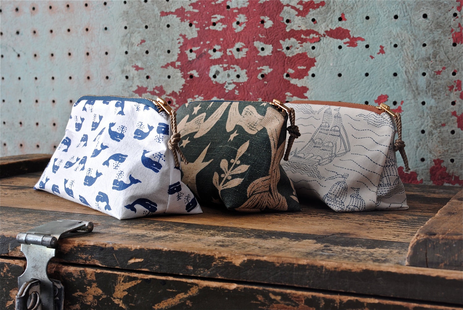 Nautical Zip Pouch w/ Distressed Rope Zipper Pull / Vintage Printed Cotton Fabric with Whales