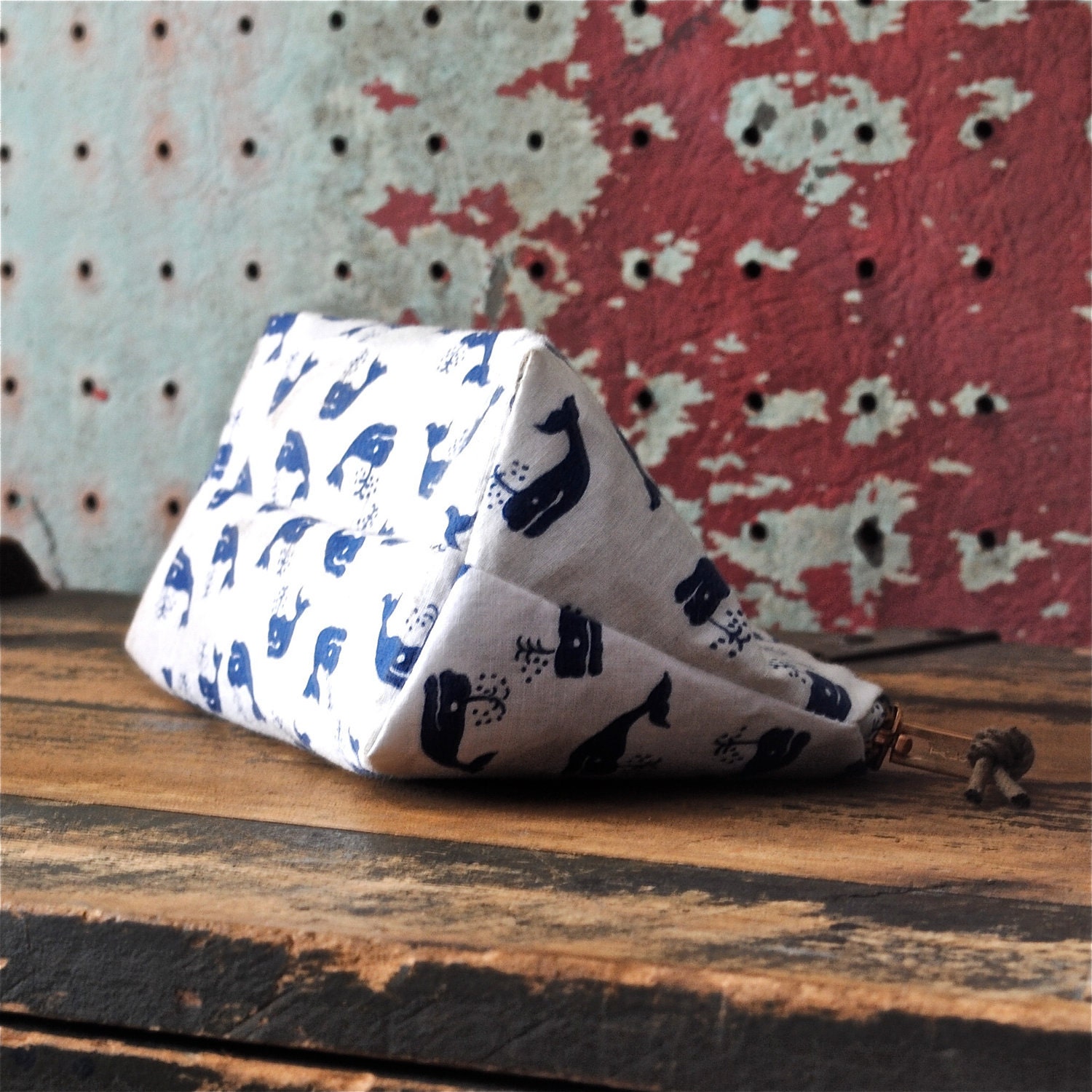 Nautical Zip Pouch w/ Distressed Rope Zipper Pull / Vintage Printed Cotton Fabric with Whales