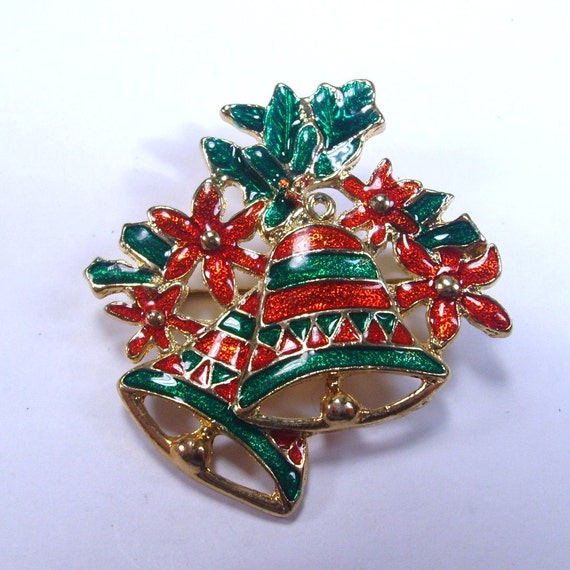 Christmas Bells And Holly Enamel On Metal Brooch By Jewelry715