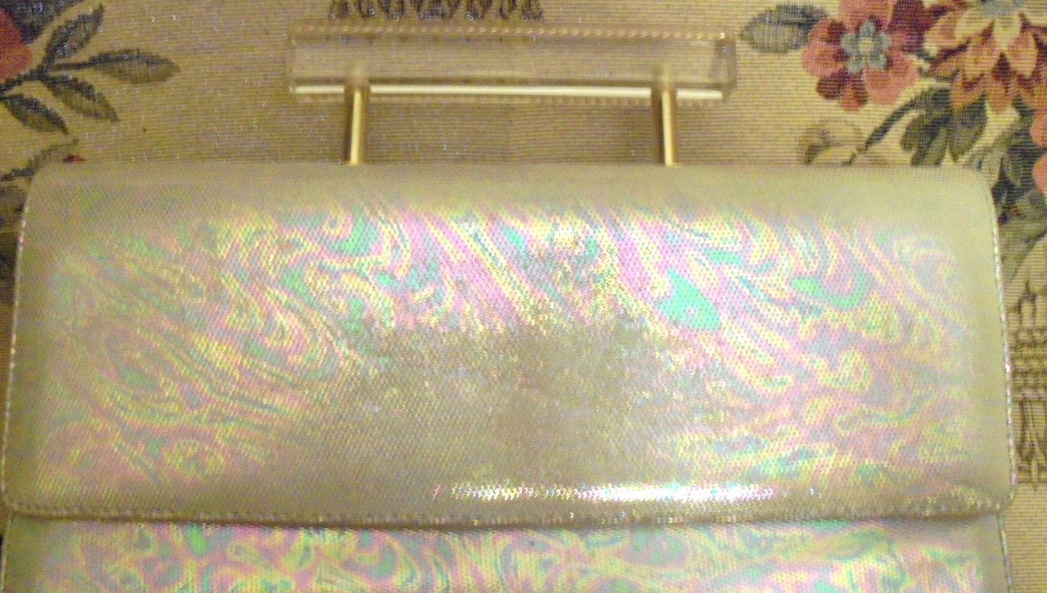 Iridescent 80s Faux Snakeskin Purse Chunky Gold Clear Lucite Handle