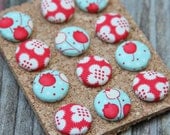 Fabric Button Push Pins, Thumb Tacks Bliss Tulips Red Turquoise Handmade by Willow Handmade