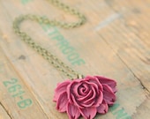 Black Cherry Rose - Flower Cabochon Necklace - Vintage Style Antiqued Chain