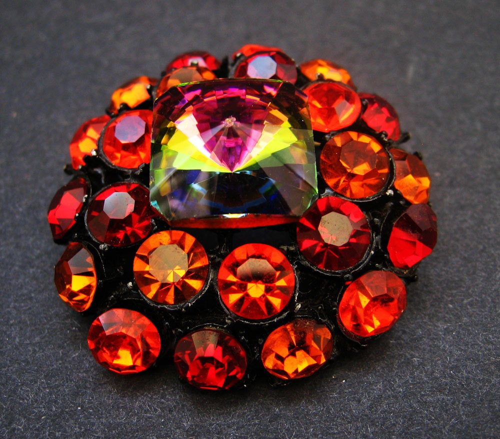 Flame Red Sunburst Rhinestone Brooch