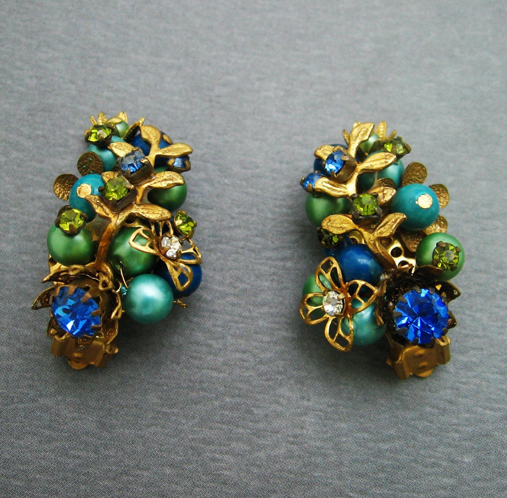Earrings Blue Green Rhinestones Cluster Vintage
