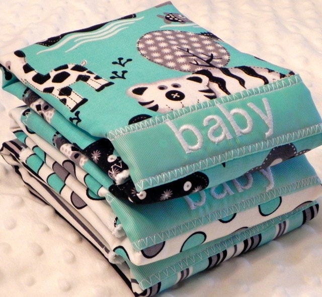Personalized Burp Cloths - Baby Boy Aqua and Gray Safari