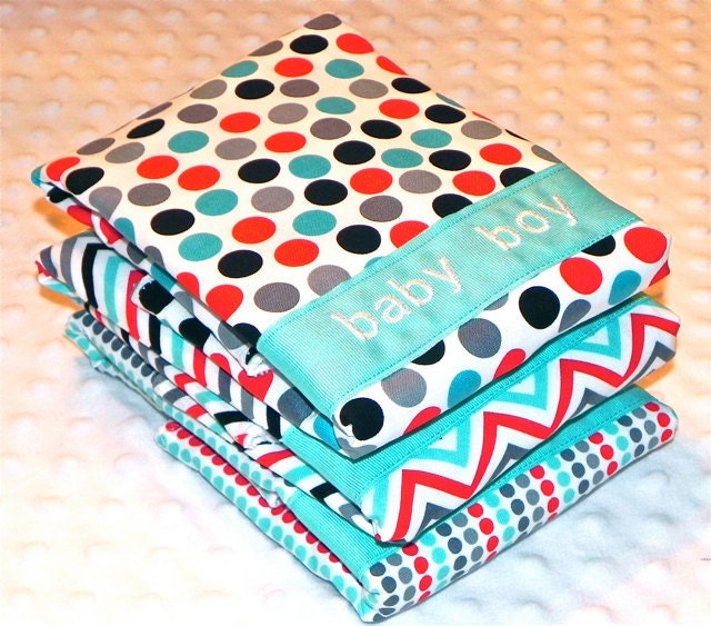 Personalized Burp Cloths - Baby Boy Aqua Gray and Red Chevron and Polka Dots