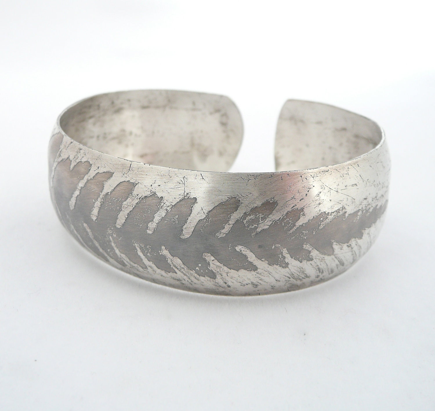 Sterling silver cuff bracelet, fern leaf oxidized etched, size medium large