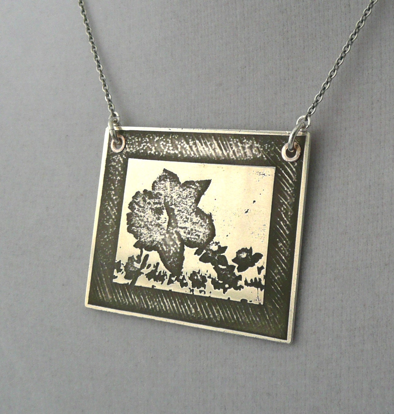 Daffodil Flower Sterling Silver Necklace, Photo Etched Pendant, Stainless Steel Chain