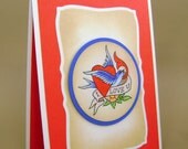 I Love You Card - Tattoo Art - Bird & Heart Wrapped in Banner - Red, White, Blue - Blank Inside - Custom Envelope - Handmade