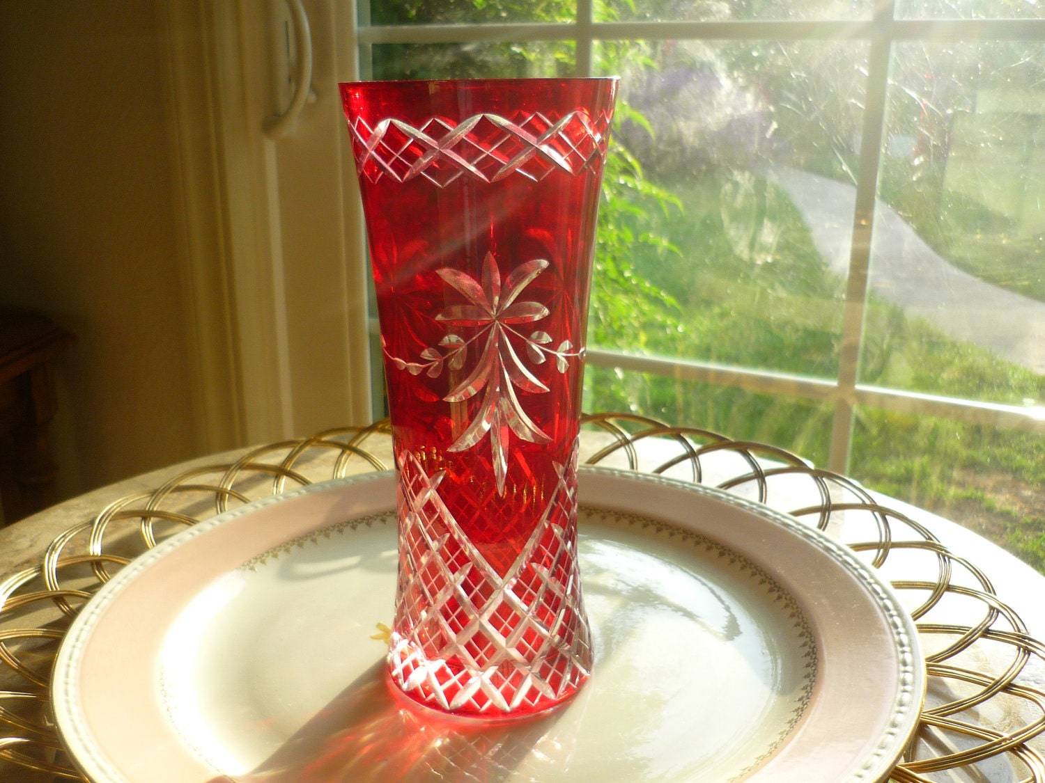 Cranberry / Red and Clear Cut glass Vase FTD by findcollectables
