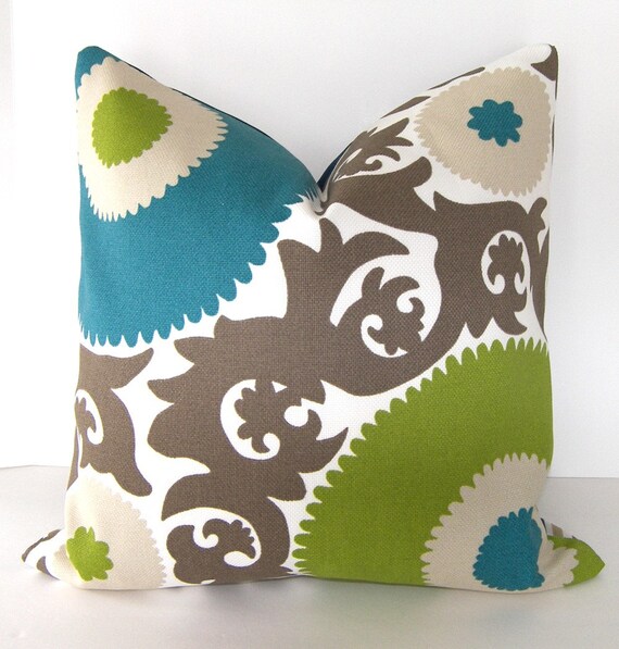 Decorative Designer Indoor / Outdoor -  Suzani Pillow Cover - 18x18 inches - Fahri - Teal / Lime / Taupe / Sand and Ivory