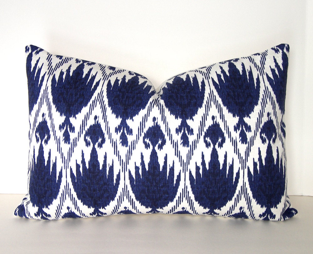 Decorative Pillow Cover - Ikat - 12x18 or 12x20 inches -  Deep Blue and Off-White