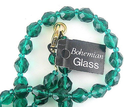 BOHEMIAN Glass Necklace - Old Stock, Emerald Green Faceted Beads, Orig. Tag