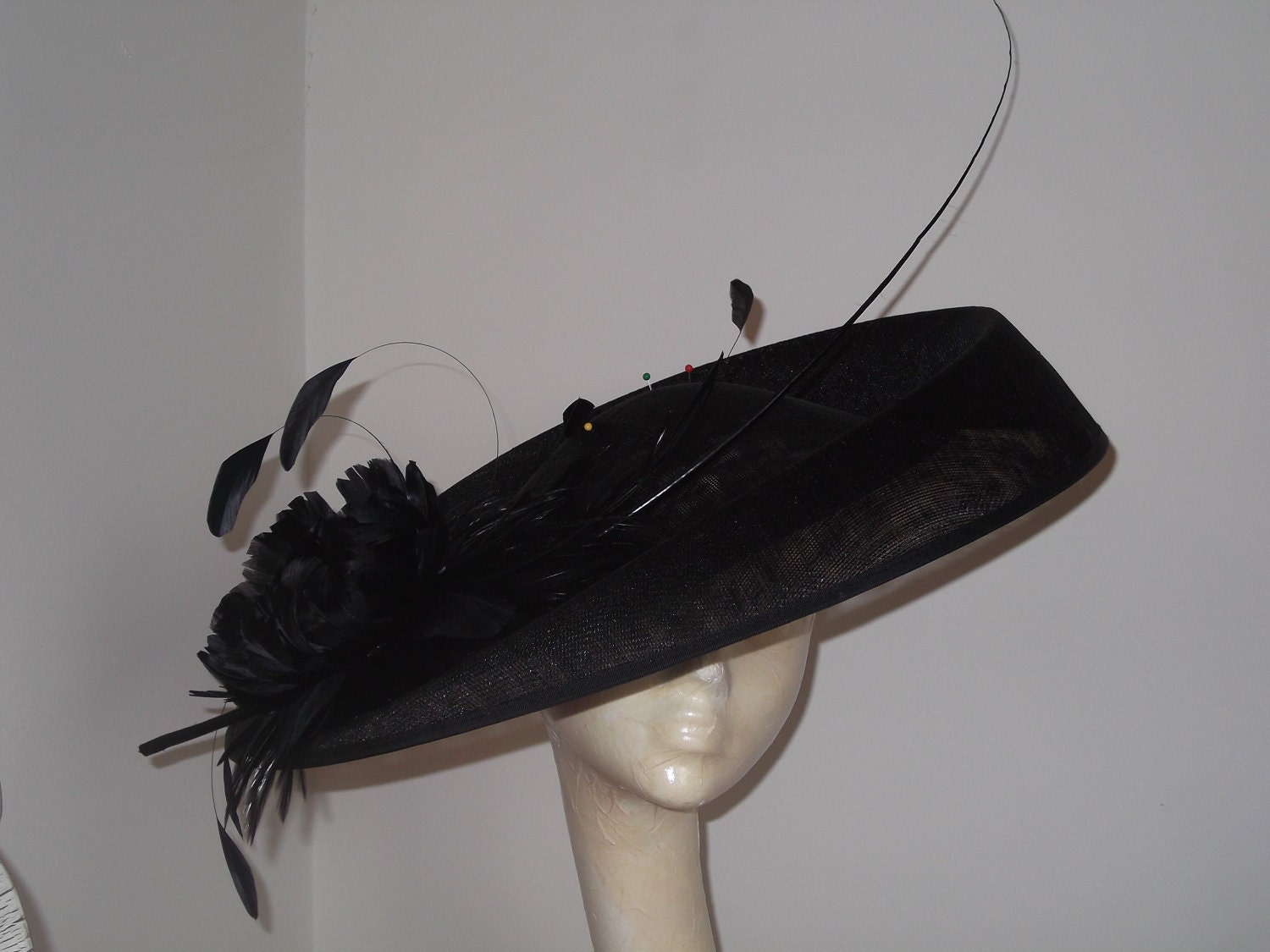 Items similar to Large Black Saucer Hat with a Feather Flower on Etsy