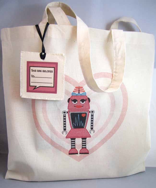 Robot Tote Bag - Market Tote - Pink Girl Robot - Grocery Bag - Reusable Bag