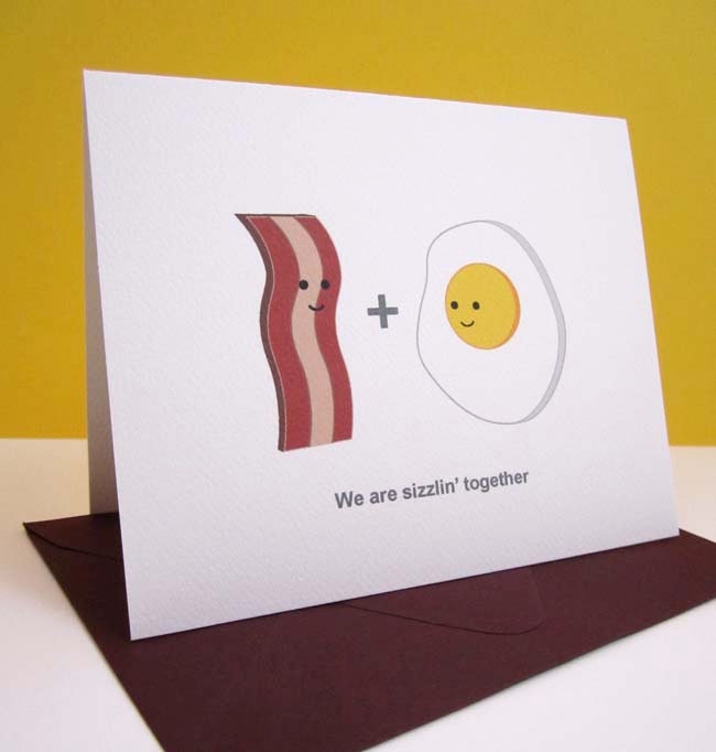 Love Card Anniversary Bacon and Eggs Breakfast Blank Recycled Paper A2 We are Sizzlin Together