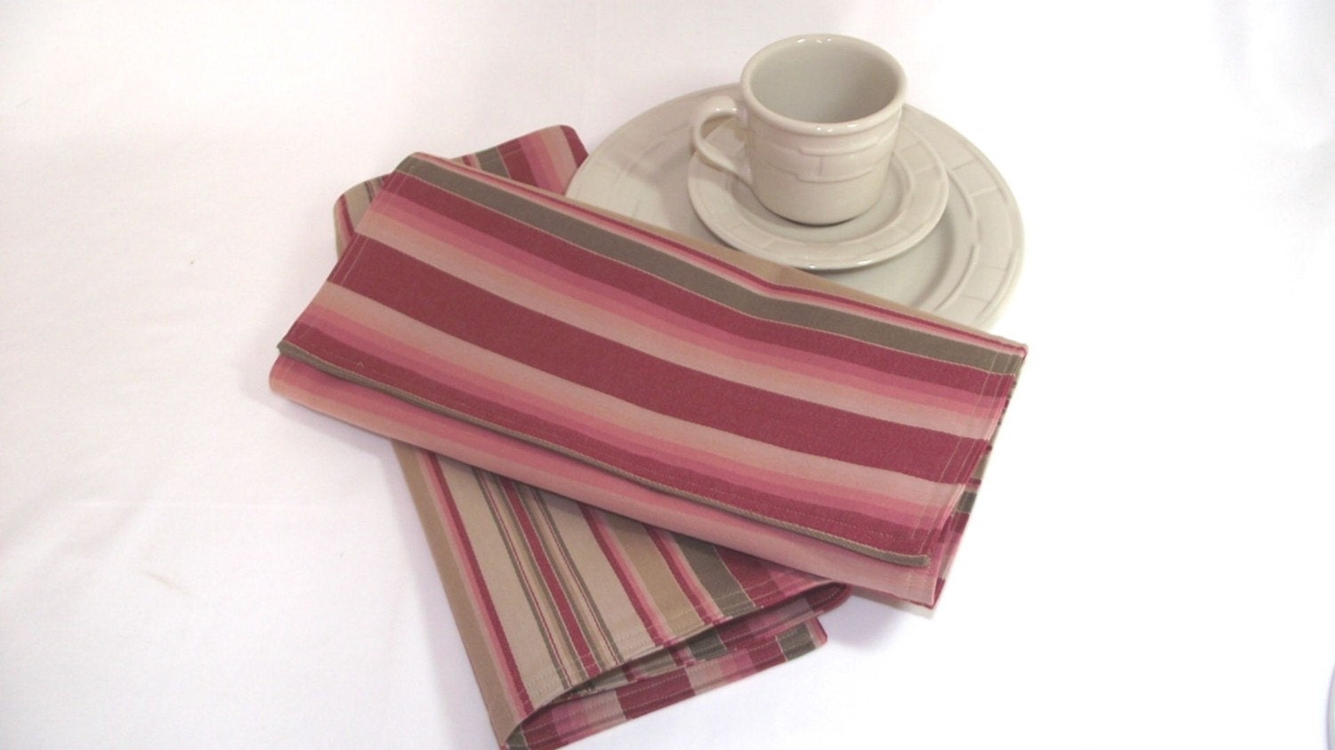 Place Mats Cranberry Pink Tan Cream  Stripe Pattern  Maritime Home Decor Fabric