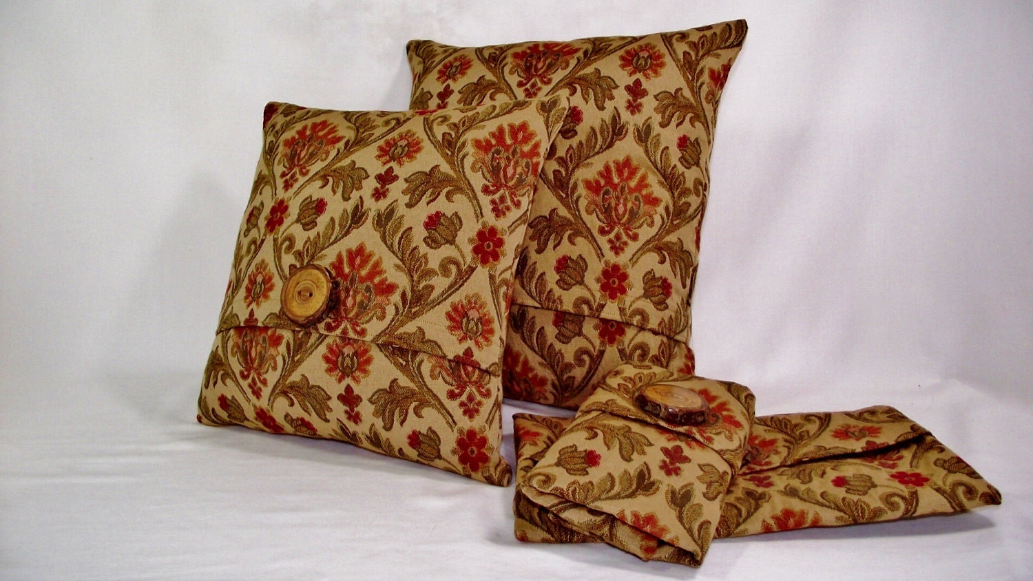 Pillow Cover in Tan Textured Fabric with Burnt Orange, Rust Red and Olive Tones - whiteoakroom
