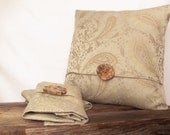 Pillow Cover 18x18 Beige Paisley Print ,Woven Silk Fabric. Wood Button