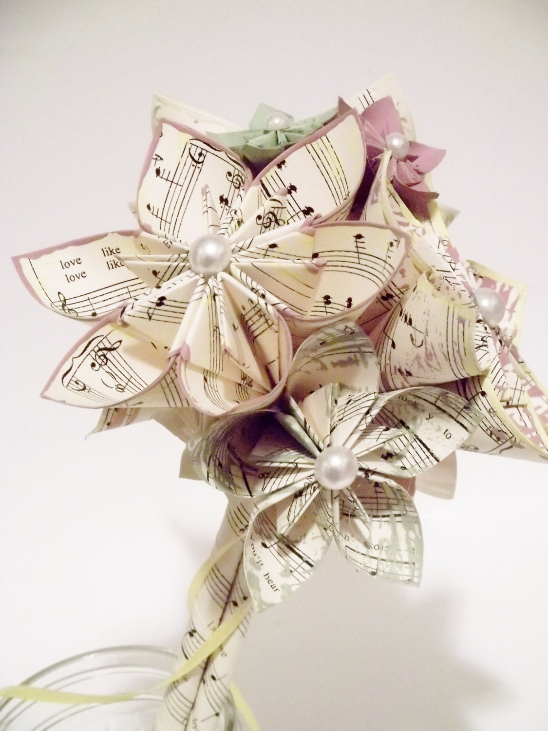 Sheet Music Wedding Bouquet: 10 paper flowers, 7 inch, made to order for bride or bridesmaid, 1st anniversary gift. origami