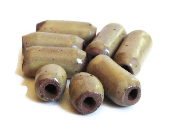 Handmade Ceramic Pottery Beads Oblong Tube Tubular Yellow Mustard Amber Ochre Camel Brown Stoneware Set of 8