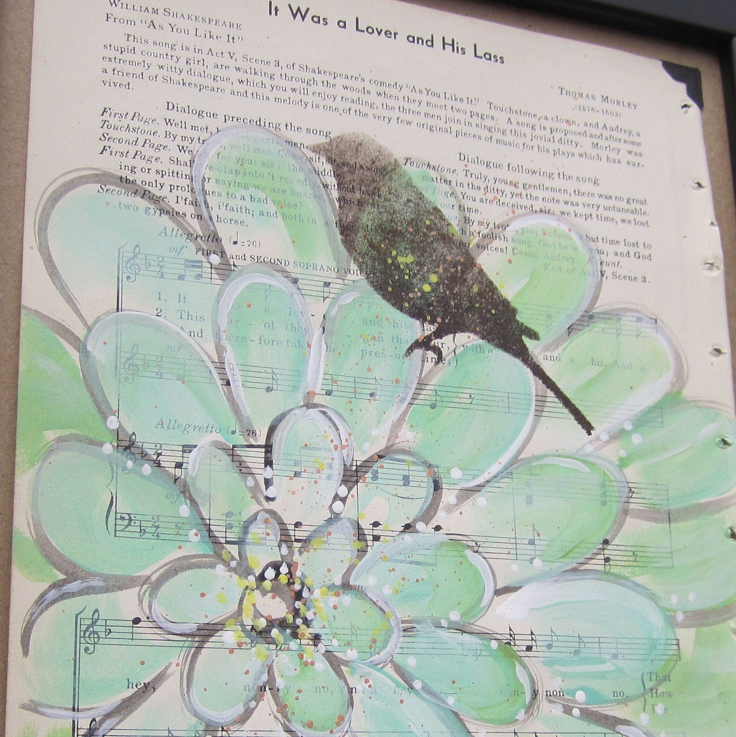 For the Birds... recycled book art original painting on 1930s sheet music book page, by Cat Seyler designs... It Was a Lover and His Lass