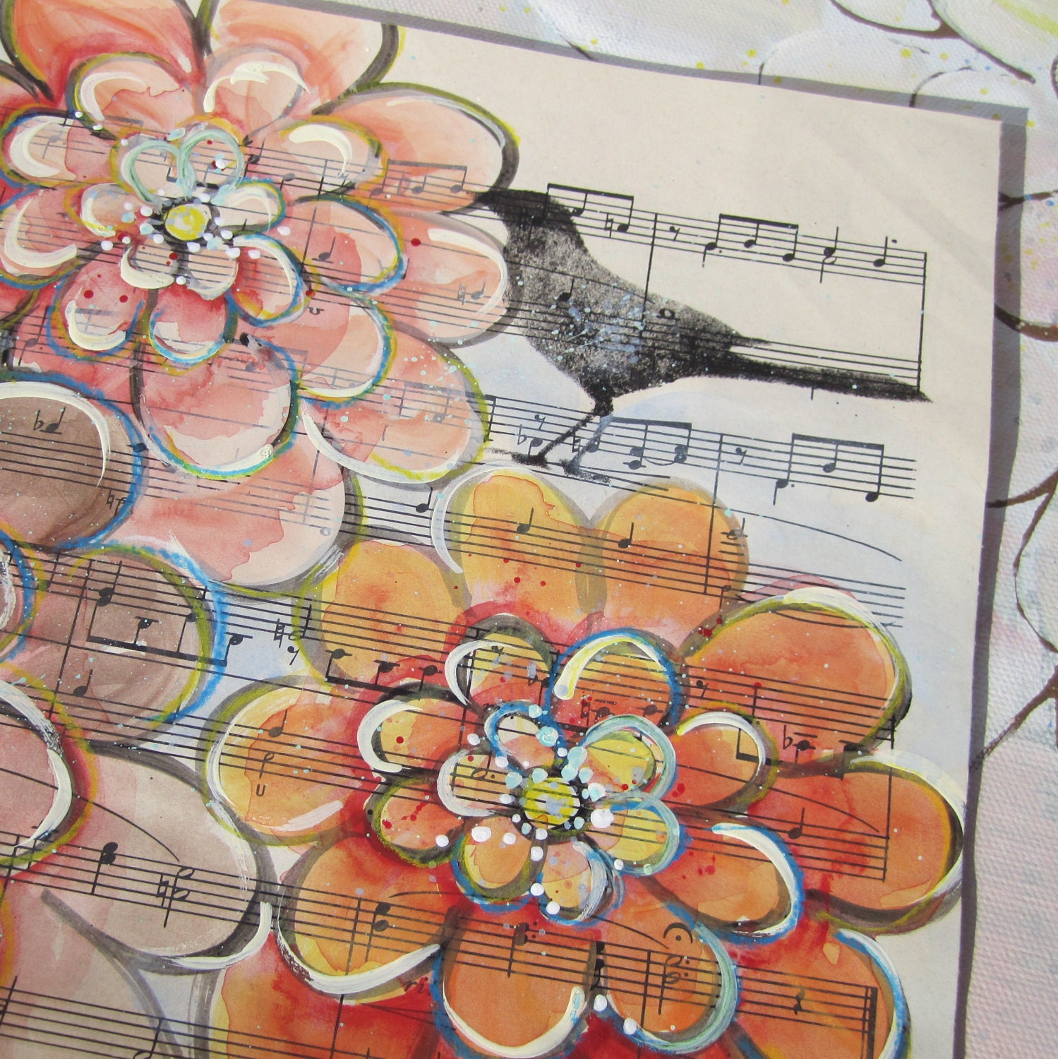 without Ped... recycled book art original painting on Antique1950s sheet music, zinnias and bird silhouette, by Cat Seyler designs