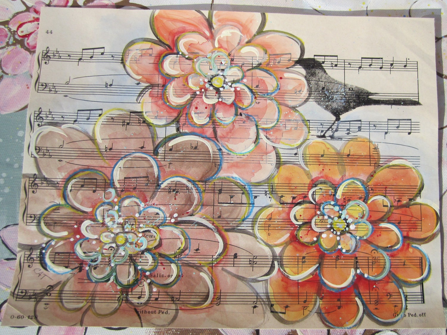 without Ped... recycled book art original painting on Antique1950s sheet music, zinnias and bird silhouette, by Cat Seyler designs