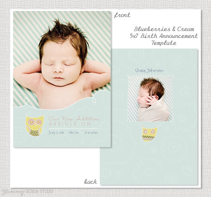 Blueberries and Cream - 5x7 Vertical Postcard Birth Announcement PSD Template Design