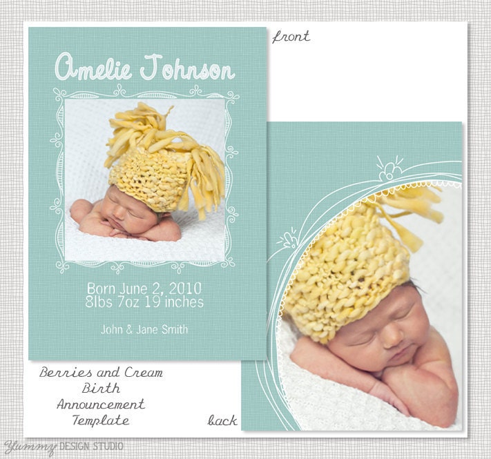Berries and Cream - 5x7 Vertical Postcard Birth Announcement PSD Template Design
