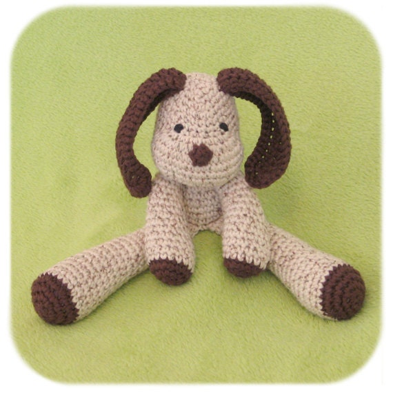 puppy dog stuffed crochet plush in creme, brown and forest cotton yarn handmade amigurumi animal