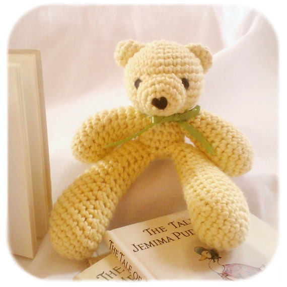 small teddy bear stuffed animal amigurumi crochet plush in yellow cotton yarn handmade
