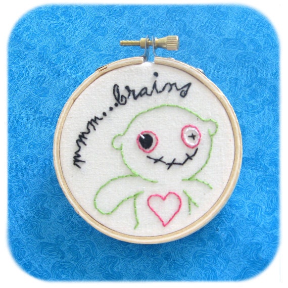 zombie embroidery hoop art wall hanging 3 inch hand stitched cotton