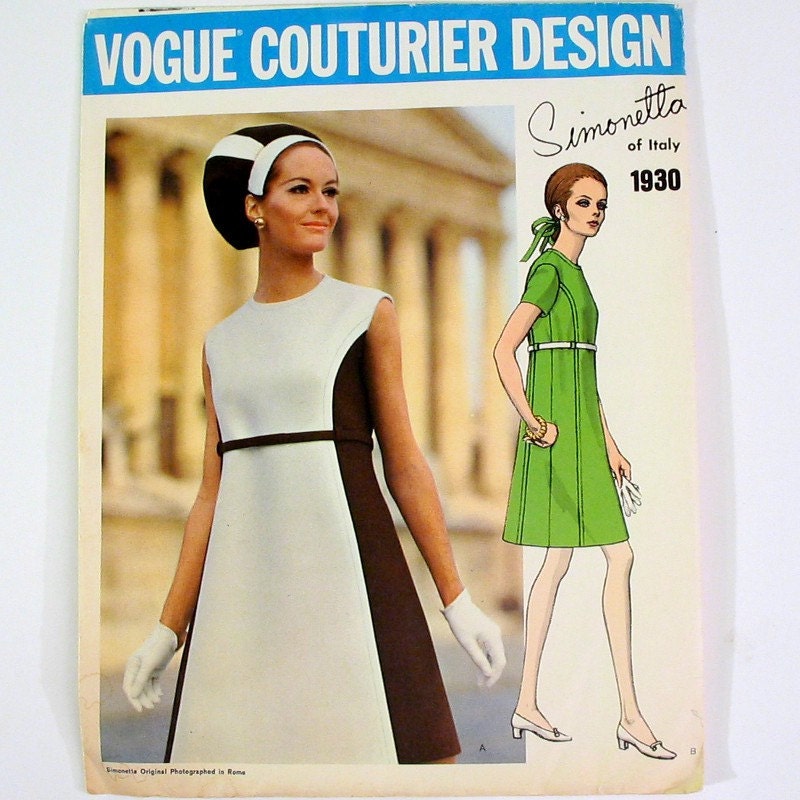 Vintage 60s Simonetta Dress Pattern, Vogue No.1930 Couturier Design - Size 12 (Bust 34")
