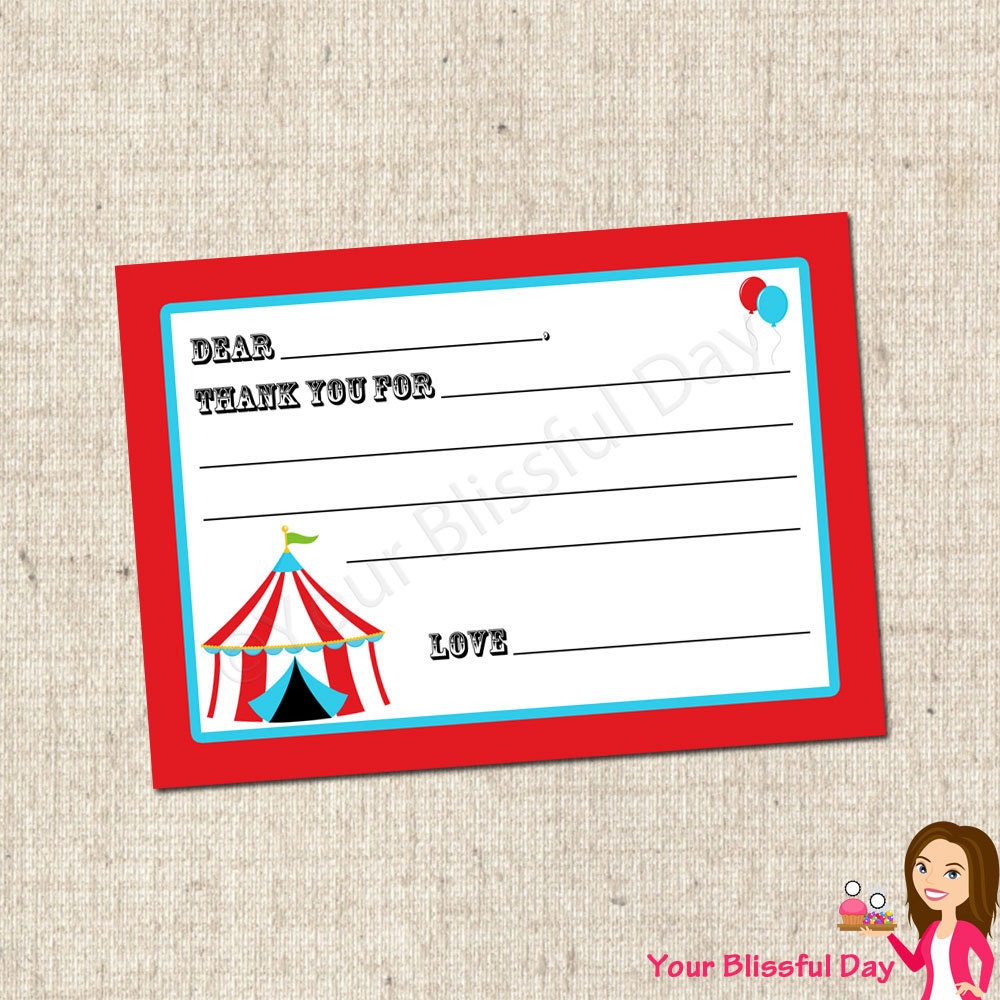 PRINTABLE Circus/Carnival Themed Fill-in-the-Blank Thank You Cards Il_570xn