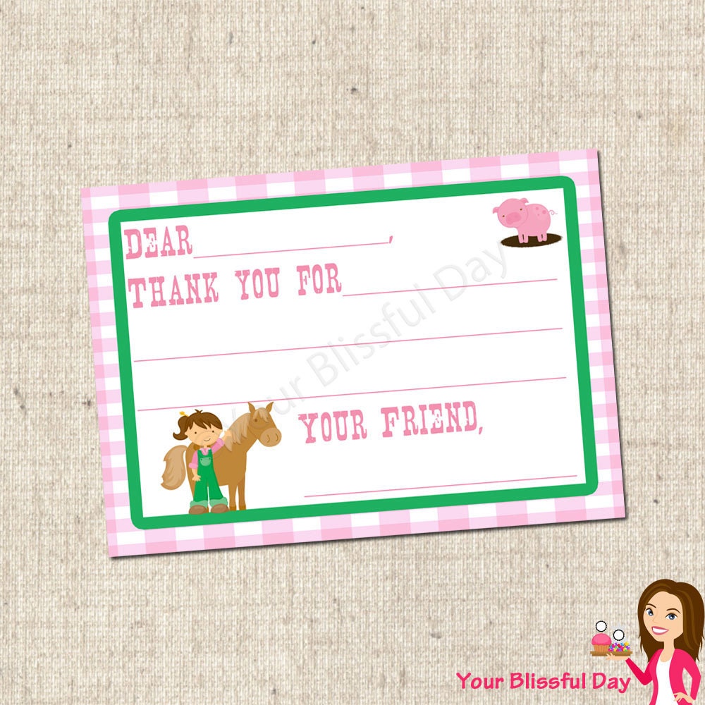 PRINTABLE Girl Barnyard Bash Fill-in-the-Blank Thank You Cards Il_570xn