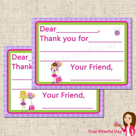 PRINTABLE Girl Bowling Party Fill-in-the-Blank Thank You Cards Il_570xn