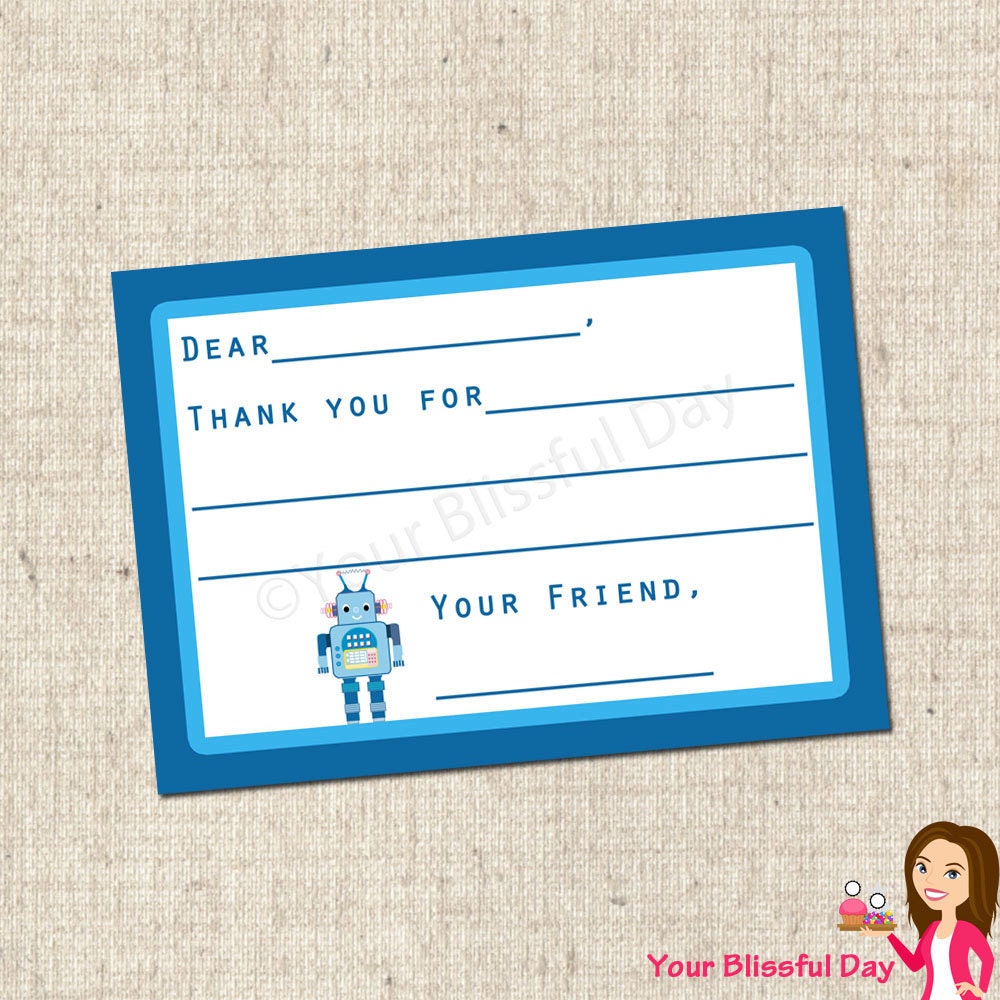 PRINTABLE Robot Fill-in-the-Blank Thank You Cards Il_570xn
