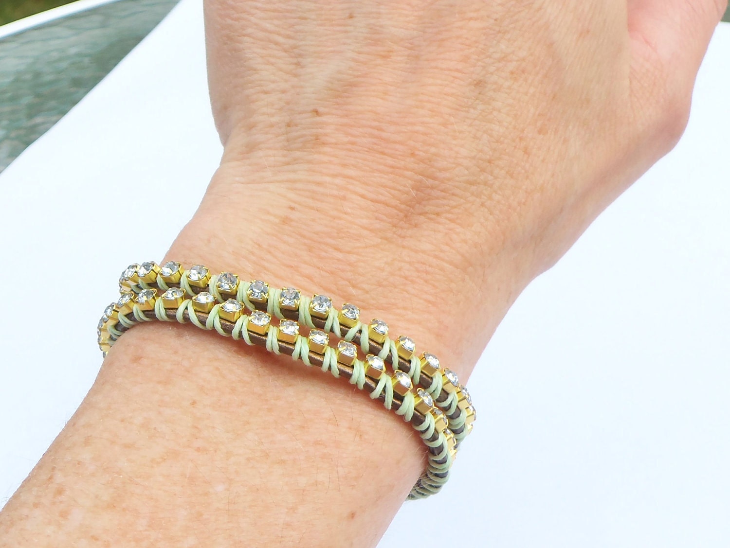 Leather Rhinestone Wrap Bracelet - double wrap, stacking bracelet, wrist bling, mint green, greek leather