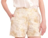 SALE 50% off, Cream with Gold floral print shorts, short pants, High waisted shorts