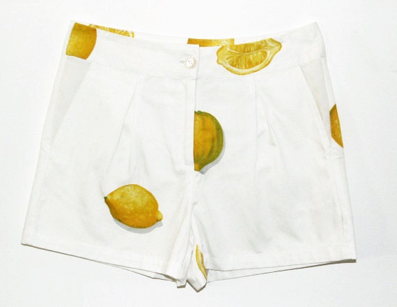 SALE 50% White with Lemons print, High waist, women shorts Only one left size 38EU 8US