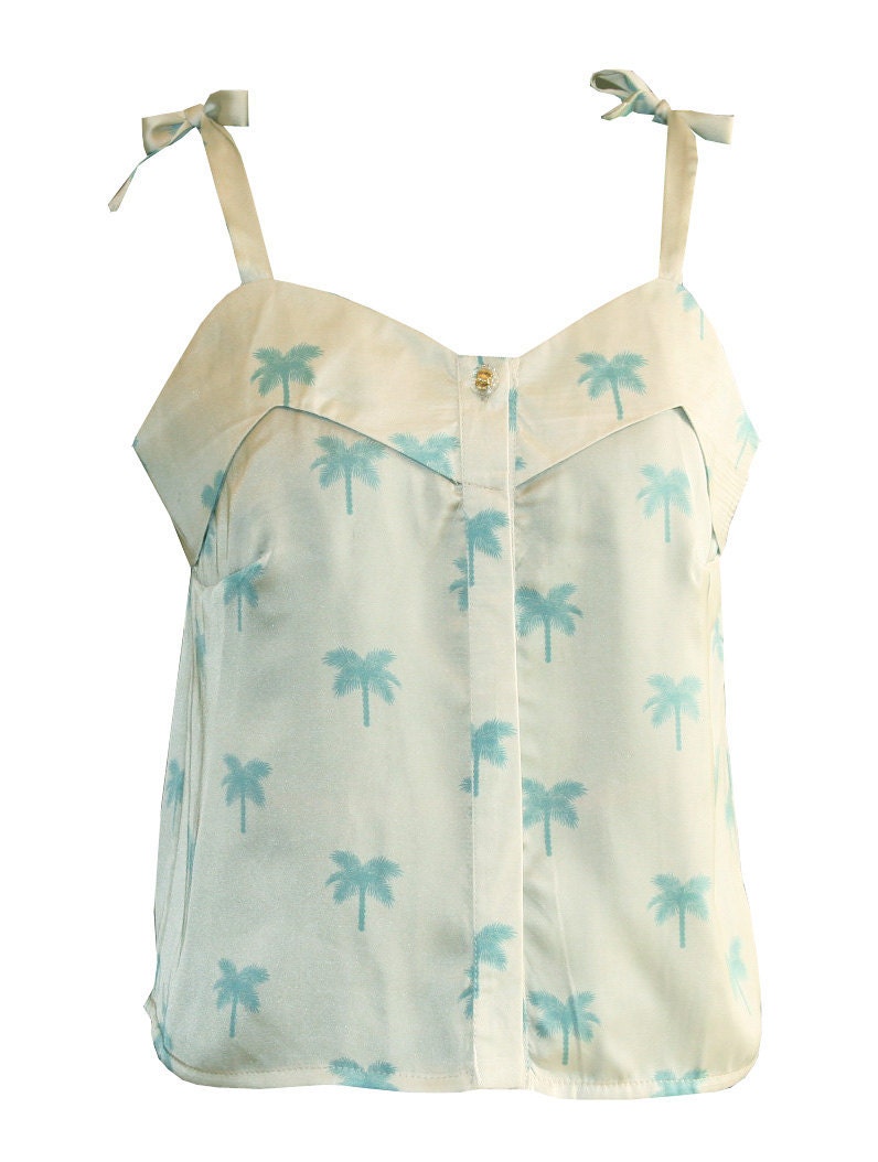 SALE 40% White with Palm trees print top, Button down shirt, Women tank top, Tropical blouse