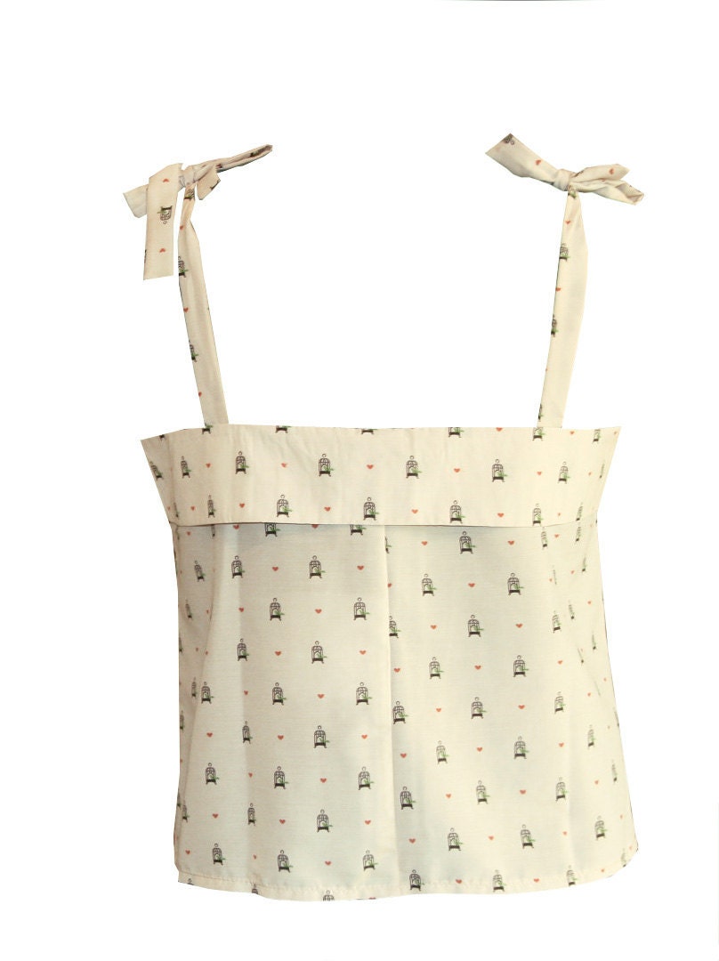 SALE 40% White with Birds and Hearts print blouse, Button down shirt, Women tank top