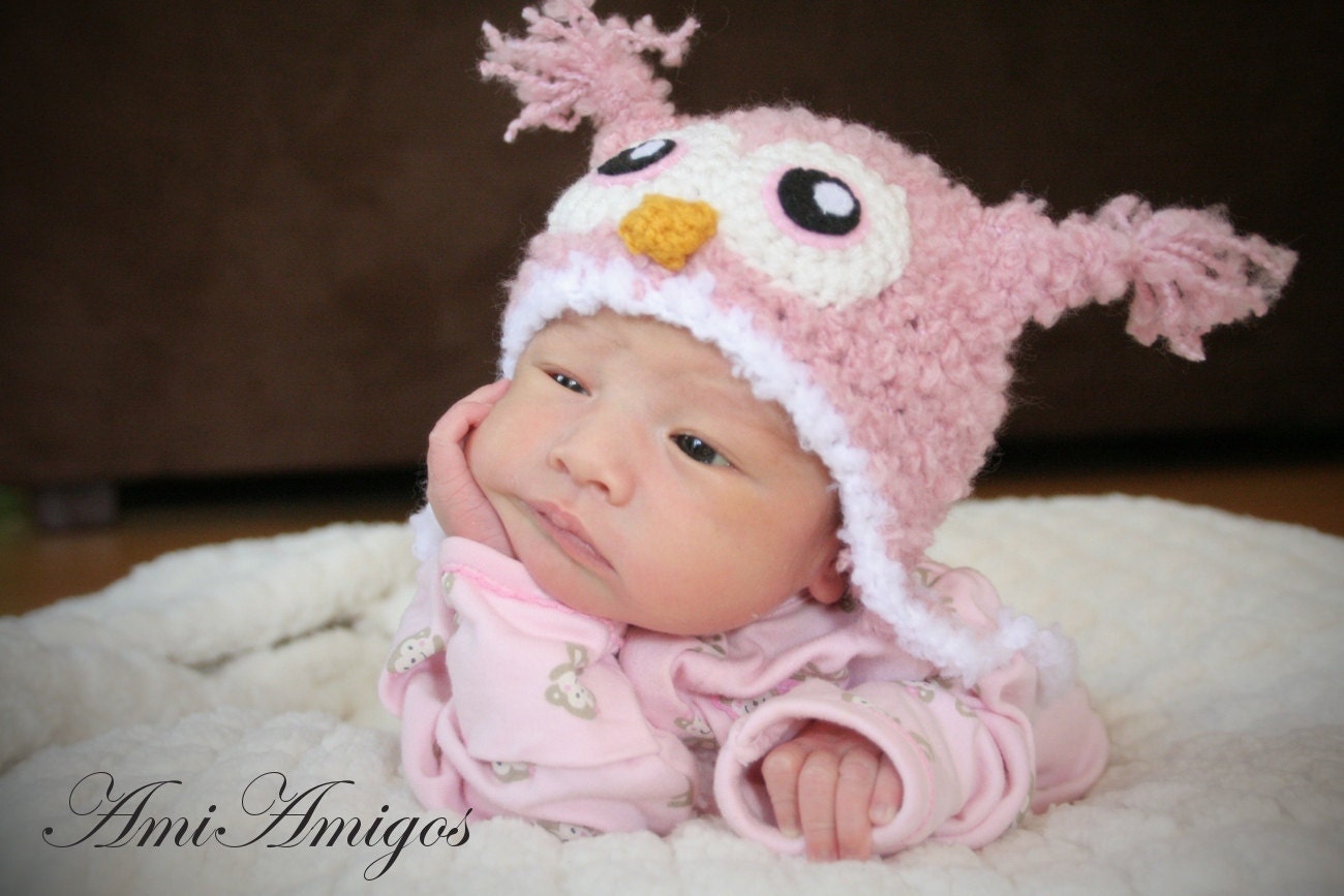 Crochet Fuzzy Pink Owl Hat (Newborn)