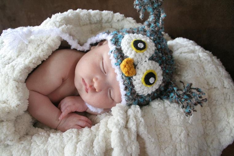 Crochet Fuzzy Blue/Brown Owl Hat (Newborn)