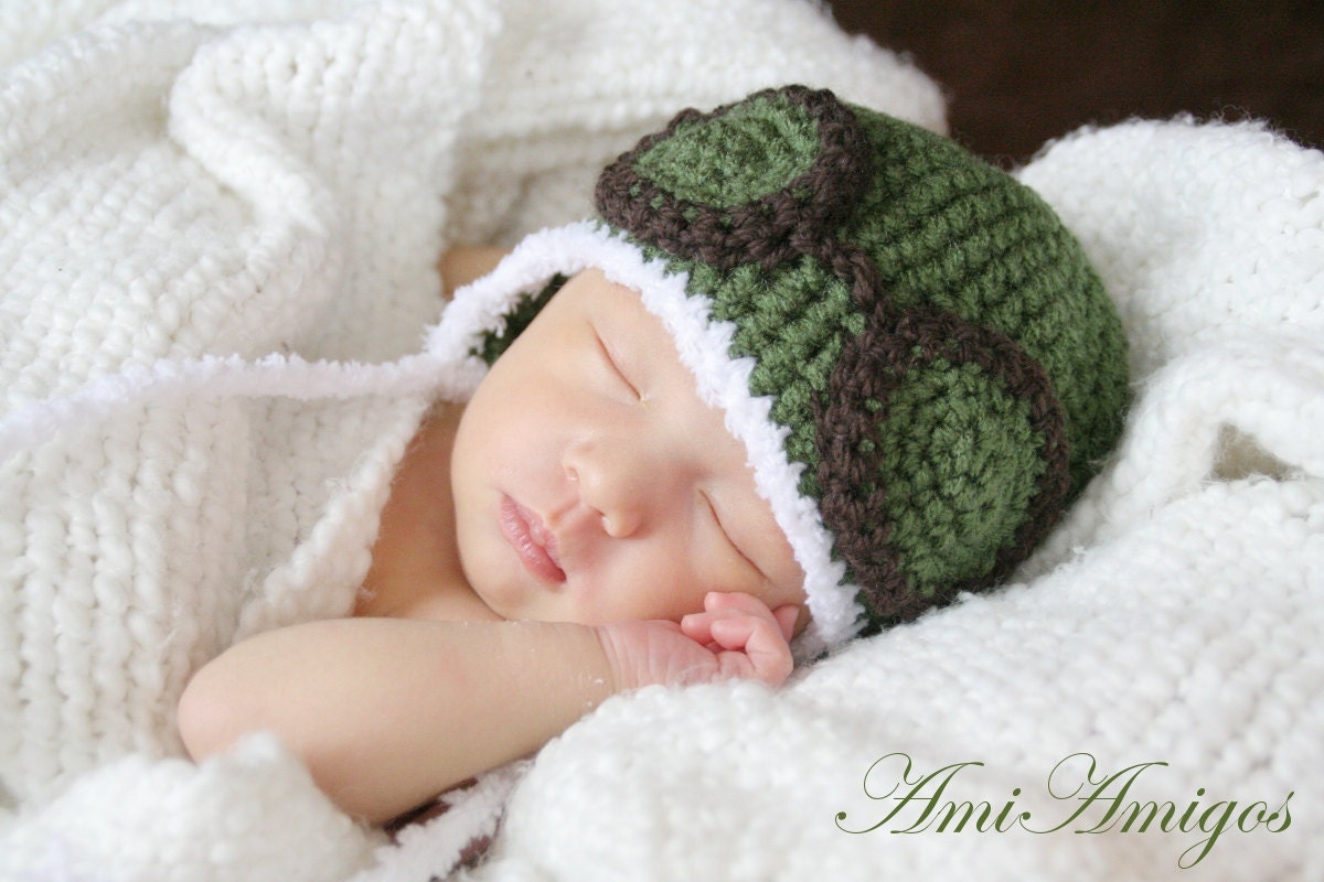 Crochet Dark Green Aviator Hat (Newborn)